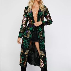 NastyGal L Embellished Floral Design Longline Kimono (black/purple/green/gold)